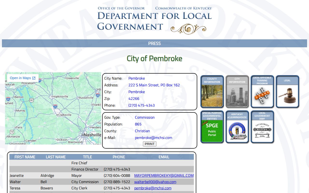 Captured Kentucky DLG directory entry for the City of Pembroke and police chief