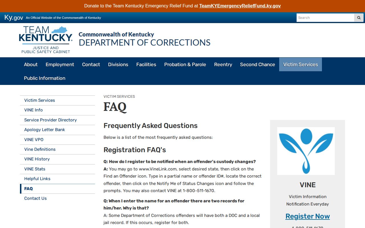 Kentucky VINE FAQ for Christian County offender searches and alerts