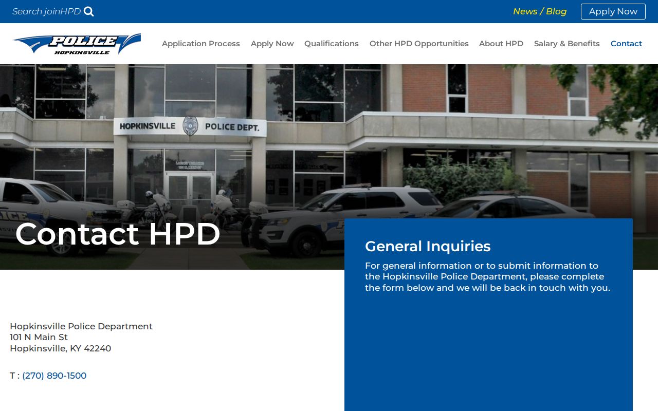 Captured Hopkinsville Police Department contact and public information page