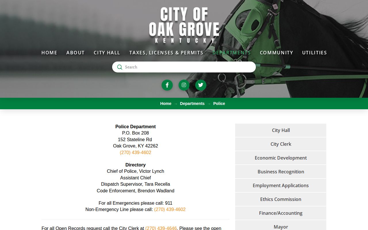 Captured Oak Grove Police Department contact and records guidance page